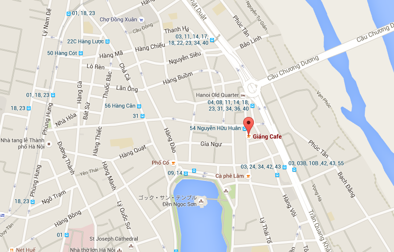 Cafe Giang(カフェジャン)の場所。ハノイ旧市街のホアンキエム湖から徒歩約10分