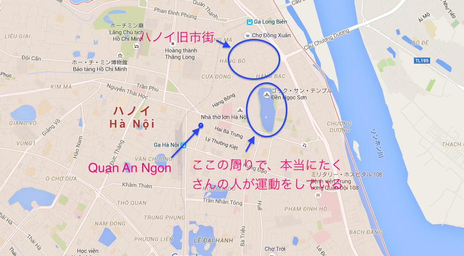 ハノイ旧市街の地図。旧市街とQuan An Ngonの位置関係