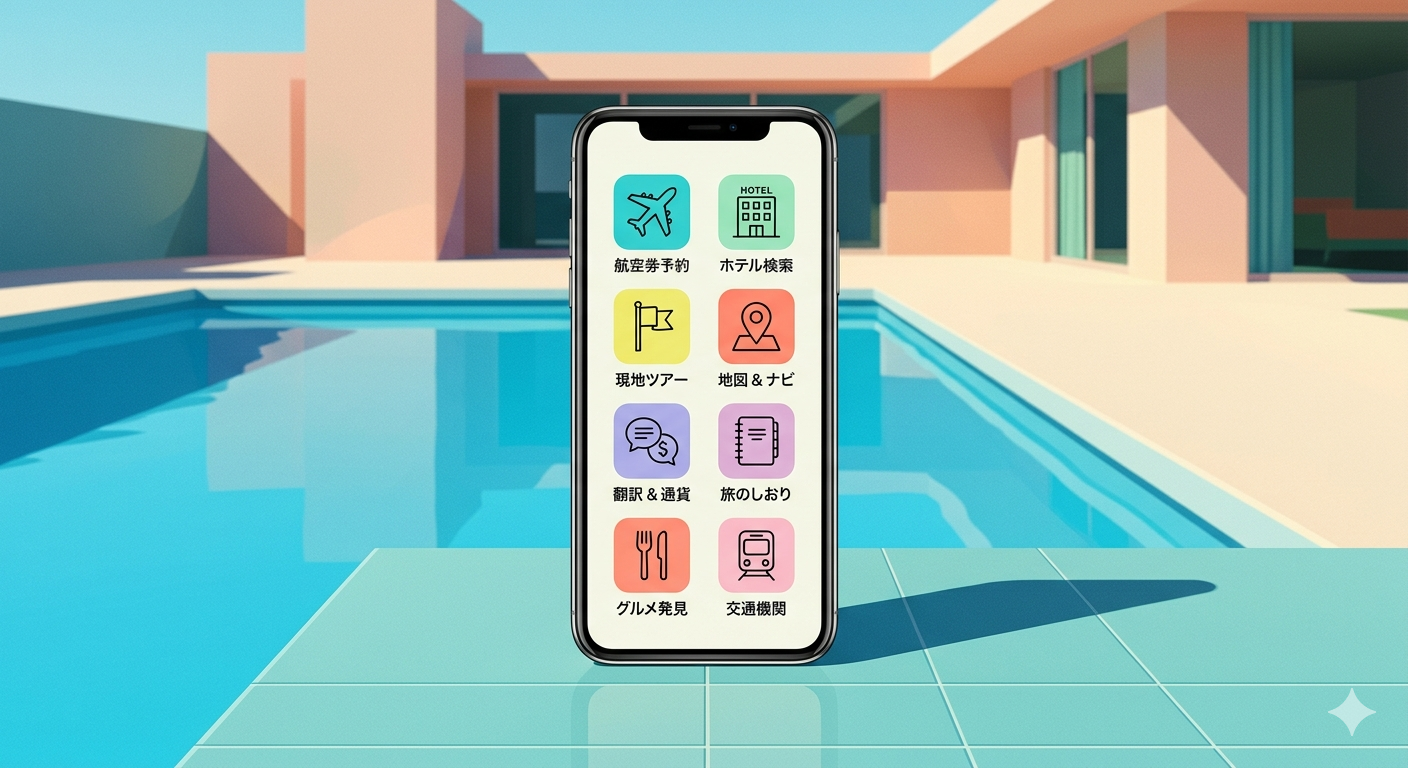 プールサイドに置かれたスマホに表示された旅アプリのメニュー